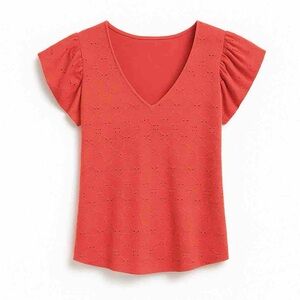Michael Kors Eyelet Lace Flutter Sleeve V-Neck Top Coral NWT Size M